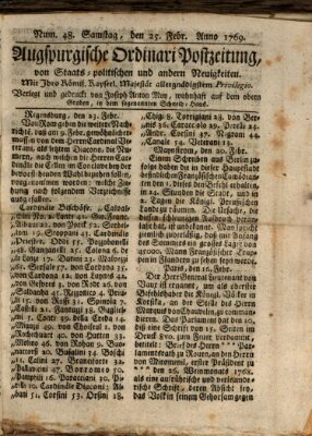 Augsburgische Ordinari Postzeitung von Staats-, gelehrten, historisch- u. ökonomischen Neuigkeiten (Augsburger Postzeitung) Samstag 25. Februar 1769