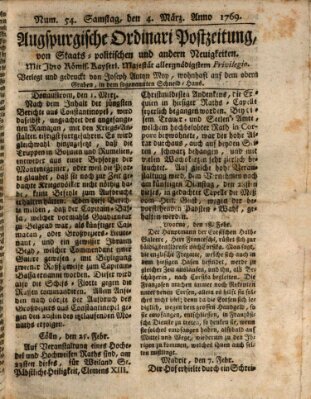 Augsburgische Ordinari Postzeitung von Staats-, gelehrten, historisch- u. ökonomischen Neuigkeiten (Augsburger Postzeitung) Samstag 4. März 1769