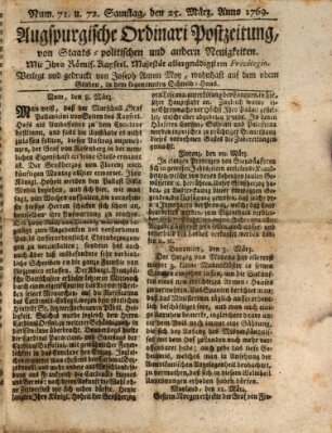 Augsburgische Ordinari Postzeitung von Staats-, gelehrten, historisch- u. ökonomischen Neuigkeiten (Augsburger Postzeitung) Samstag 25. März 1769