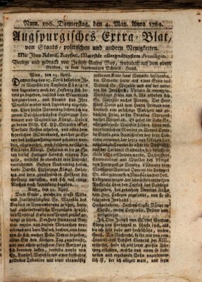 Augsburgische Ordinari Postzeitung von Staats-, gelehrten, historisch- u. ökonomischen Neuigkeiten (Augsburger Postzeitung) Donnerstag 4. Mai 1769