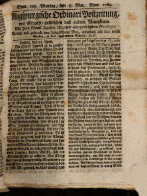 Augsburgische Ordinari Postzeitung von Staats-, gelehrten, historisch- u. ökonomischen Neuigkeiten (Augsburger Postzeitung) Montag 8. Mai 1769