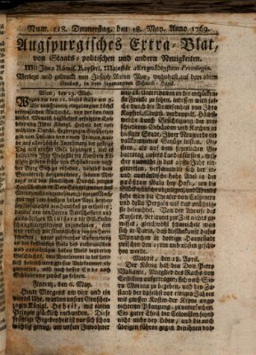 Augsburgische Ordinari Postzeitung von Staats-, gelehrten, historisch- u. ökonomischen Neuigkeiten (Augsburger Postzeitung) Donnerstag 18. Mai 1769