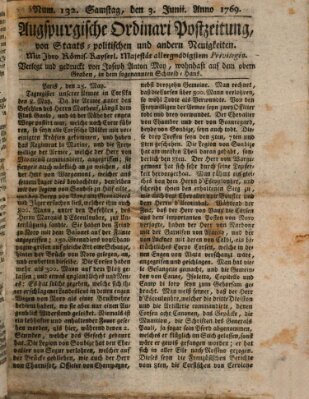 Augsburgische Ordinari Postzeitung von Staats-, gelehrten, historisch- u. ökonomischen Neuigkeiten (Augsburger Postzeitung) Samstag 3. Juni 1769