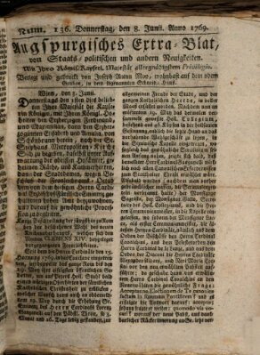 Augsburgische Ordinari Postzeitung von Staats-, gelehrten, historisch- u. ökonomischen Neuigkeiten (Augsburger Postzeitung) Donnerstag 8. Juni 1769