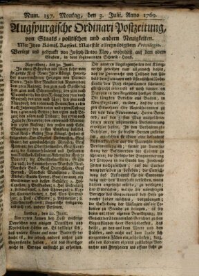 Augsburgische Ordinari Postzeitung von Staats-, gelehrten, historisch- u. ökonomischen Neuigkeiten (Augsburger Postzeitung) Montag 3. Juli 1769