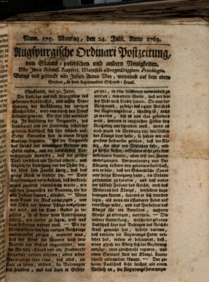 Augsburgische Ordinari Postzeitung von Staats-, gelehrten, historisch- u. ökonomischen Neuigkeiten (Augsburger Postzeitung) Montag 24. Juli 1769