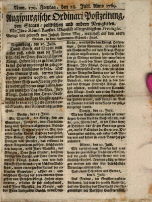 Augsburgische Ordinari Postzeitung von Staats-, gelehrten, historisch- u. ökonomischen Neuigkeiten (Augsburger Postzeitung) Freitag 28. Juli 1769