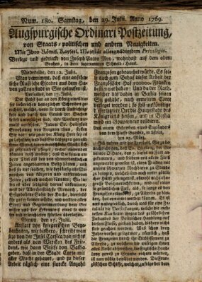 Augsburgische Ordinari Postzeitung von Staats-, gelehrten, historisch- u. ökonomischen Neuigkeiten (Augsburger Postzeitung) Samstag 29. Juli 1769