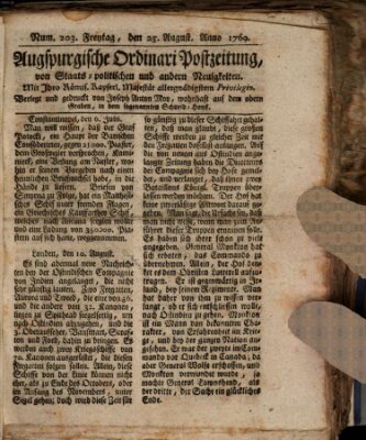 Augsburgische Ordinari Postzeitung von Staats-, gelehrten, historisch- u. ökonomischen Neuigkeiten (Augsburger Postzeitung) Freitag 25. August 1769