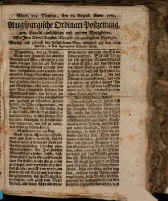 Augsburgische Ordinari Postzeitung von Staats-, gelehrten, historisch- u. ökonomischen Neuigkeiten (Augsburger Postzeitung) Montag 28. August 1769