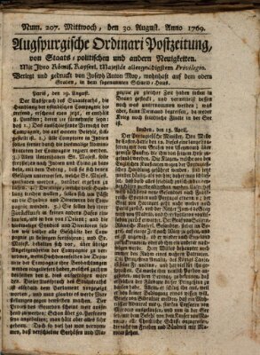 Augsburgische Ordinari Postzeitung von Staats-, gelehrten, historisch- u. ökonomischen Neuigkeiten (Augsburger Postzeitung) Mittwoch 30. August 1769