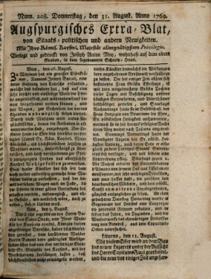 Augsburgische Ordinari Postzeitung von Staats-, gelehrten, historisch- u. ökonomischen Neuigkeiten (Augsburger Postzeitung) Donnerstag 31. August 1769