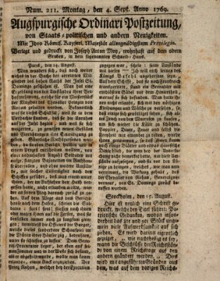 Augsburgische Ordinari Postzeitung von Staats-, gelehrten, historisch- u. ökonomischen Neuigkeiten (Augsburger Postzeitung) Montag 4. September 1769