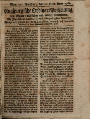 Augsburgische Ordinari Postzeitung von Staats-, gelehrten, historisch- u. ökonomischen Neuigkeiten (Augsburger Postzeitung) Samstag 16. September 1769