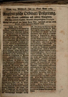 Augsburgische Ordinari Postzeitung von Staats-, gelehrten, historisch- u. ökonomischen Neuigkeiten (Augsburger Postzeitung) Mittwoch 20. September 1769