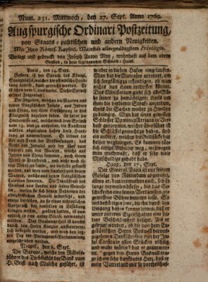 Augsburgische Ordinari Postzeitung von Staats-, gelehrten, historisch- u. ökonomischen Neuigkeiten (Augsburger Postzeitung) Mittwoch 27. September 1769