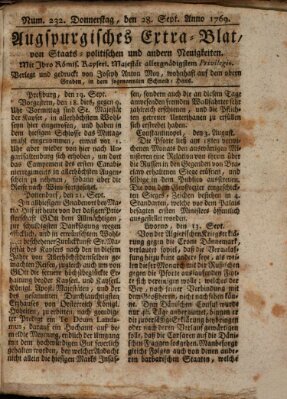 Augsburgische Ordinari Postzeitung von Staats-, gelehrten, historisch- u. ökonomischen Neuigkeiten (Augsburger Postzeitung) Donnerstag 28. September 1769