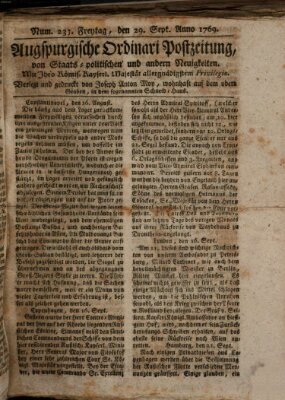 Augsburgische Ordinari Postzeitung von Staats-, gelehrten, historisch- u. ökonomischen Neuigkeiten (Augsburger Postzeitung) Freitag 29. September 1769