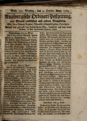 Augsburgische Ordinari Postzeitung von Staats-, gelehrten, historisch- u. ökonomischen Neuigkeiten (Augsburger Postzeitung) Montag 2. Oktober 1769