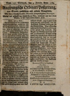 Augsburgische Ordinari Postzeitung von Staats-, gelehrten, historisch- u. ökonomischen Neuigkeiten (Augsburger Postzeitung) Mittwoch 4. Oktober 1769