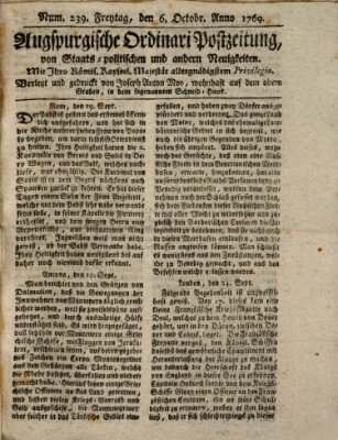 Augsburgische Ordinari Postzeitung von Staats-, gelehrten, historisch- u. ökonomischen Neuigkeiten (Augsburger Postzeitung) Freitag 6. Oktober 1769