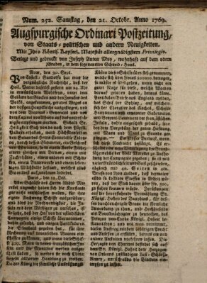 Augsburgische Ordinari Postzeitung von Staats-, gelehrten, historisch- u. ökonomischen Neuigkeiten (Augsburger Postzeitung) Samstag 21. Oktober 1769