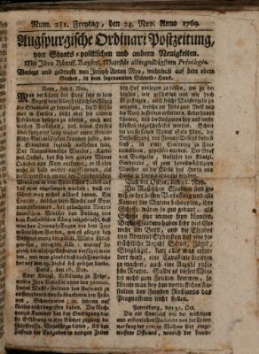 Augsburgische Ordinari Postzeitung von Staats-, gelehrten, historisch- u. ökonomischen Neuigkeiten (Augsburger Postzeitung) Freitag 24. November 1769