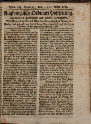 Augsburgische Ordinari Postzeitung von Staats-, gelehrten, historisch- u. ökonomischen Neuigkeiten (Augsburger Postzeitung) Samstag 2. Dezember 1769