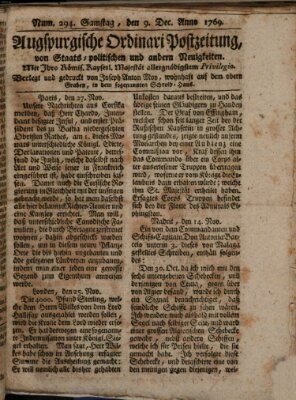 Augsburgische Ordinari Postzeitung von Staats-, gelehrten, historisch- u. ökonomischen Neuigkeiten (Augsburger Postzeitung) Samstag 9. Dezember 1769