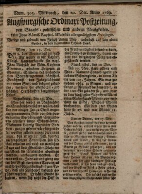 Augsburgische Ordinari Postzeitung von Staats-, gelehrten, historisch- u. ökonomischen Neuigkeiten (Augsburger Postzeitung) Mittwoch 20. Dezember 1769