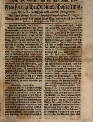 Augsburgische Ordinari Postzeitung von Staats-, gelehrten, historisch- u. ökonomischen Neuigkeiten (Augsburger Postzeitung) Freitag 23. Februar 1770