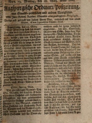 Augsburgische Ordinari Postzeitung von Staats-, gelehrten, historisch- u. ökonomischen Neuigkeiten (Augsburger Postzeitung) Montag 26. März 1770