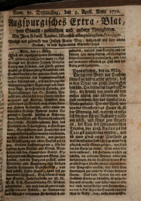 Augsburgische Ordinari Postzeitung von Staats-, gelehrten, historisch- u. ökonomischen Neuigkeiten (Augsburger Postzeitung) Donnerstag 5. April 1770