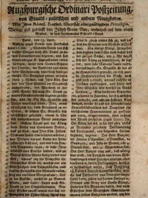 Augsburgische Ordinari Postzeitung von Staats-, gelehrten, historisch- u. ökonomischen Neuigkeiten (Augsburger Postzeitung) Sonntag 22. April 1770