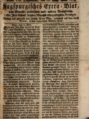 Augsburgische Ordinari Postzeitung von Staats-, gelehrten, historisch- u. ökonomischen Neuigkeiten (Augsburger Postzeitung) Donnerstag 17. Mai 1770