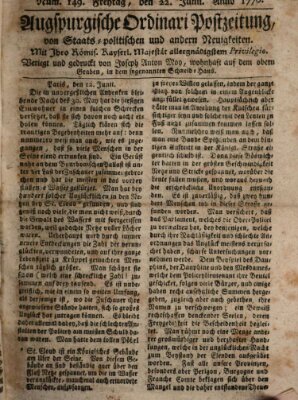 Augsburgische Ordinari Postzeitung von Staats-, gelehrten, historisch- u. ökonomischen Neuigkeiten (Augsburger Postzeitung) Freitag 22. Juni 1770