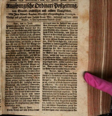 Augsburgische Ordinari Postzeitung von Staats-, gelehrten, historisch- u. ökonomischen Neuigkeiten (Augsburger Postzeitung) Mittwoch 27. Juni 1770