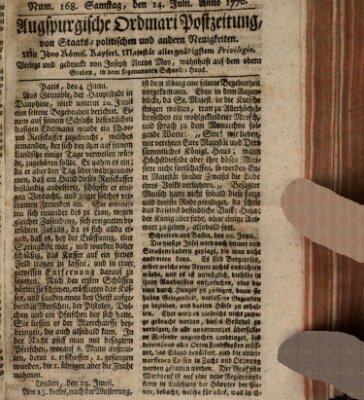 Augsburgische Ordinari Postzeitung von Staats-, gelehrten, historisch- u. ökonomischen Neuigkeiten (Augsburger Postzeitung) Samstag 14. Juli 1770