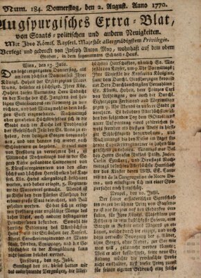 Augsburgische Ordinari Postzeitung von Staats-, gelehrten, historisch- u. ökonomischen Neuigkeiten (Augsburger Postzeitung) Donnerstag 2. August 1770