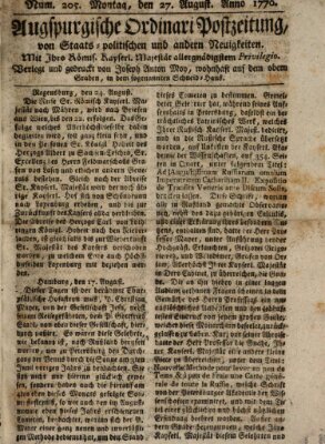 Augsburgische Ordinari Postzeitung von Staats-, gelehrten, historisch- u. ökonomischen Neuigkeiten (Augsburger Postzeitung) Montag 27. August 1770