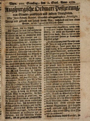 Augsburgische Ordinari Postzeitung von Staats-, gelehrten, historisch- u. ökonomischen Neuigkeiten (Augsburger Postzeitung) Samstag 1. September 1770