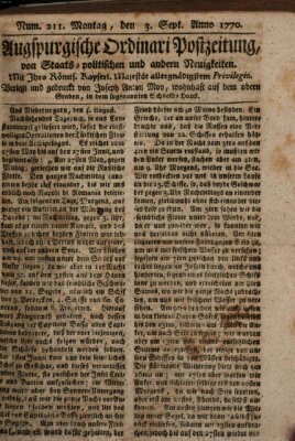 Augsburgische Ordinari Postzeitung von Staats-, gelehrten, historisch- u. ökonomischen Neuigkeiten (Augsburger Postzeitung) Montag 3. September 1770