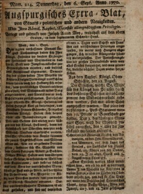 Augsburgische Ordinari Postzeitung von Staats-, gelehrten, historisch- u. ökonomischen Neuigkeiten (Augsburger Postzeitung) Donnerstag 6. September 1770