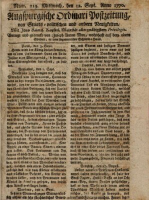 Augsburgische Ordinari Postzeitung von Staats-, gelehrten, historisch- u. ökonomischen Neuigkeiten (Augsburger Postzeitung) Mittwoch 12. September 1770