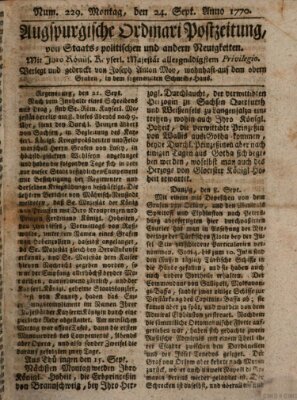 Augsburgische Ordinari Postzeitung von Staats-, gelehrten, historisch- u. ökonomischen Neuigkeiten (Augsburger Postzeitung) Montag 24. September 1770