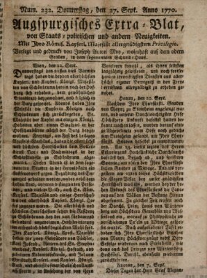 Augsburgische Ordinari Postzeitung von Staats-, gelehrten, historisch- u. ökonomischen Neuigkeiten (Augsburger Postzeitung) Donnerstag 27. September 1770