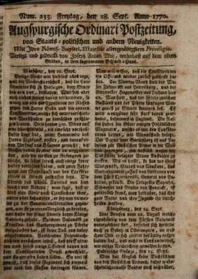 Augsburgische Ordinari Postzeitung von Staats-, gelehrten, historisch- u. ökonomischen Neuigkeiten (Augsburger Postzeitung) Freitag 28. September 1770