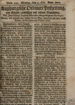 Augsburgische Ordinari Postzeitung von Staats-, gelehrten, historisch- u. ökonomischen Neuigkeiten (Augsburger Postzeitung) Montag 1. Oktober 1770