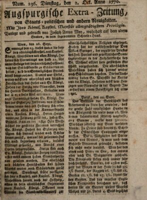 Augsburgische Ordinari Postzeitung von Staats-, gelehrten, historisch- u. ökonomischen Neuigkeiten (Augsburger Postzeitung) Dienstag 2. Oktober 1770