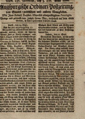 Augsburgische Ordinari Postzeitung von Staats-, gelehrten, historisch- u. ökonomischen Neuigkeiten (Augsburger Postzeitung) Mittwoch 3. Oktober 1770